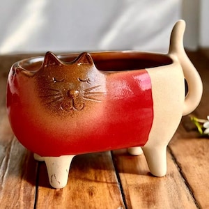 Ceramic Cat Planter, Cat Plant Pot, Cat Planter, Cat Plant Pot, Cat Plant Holder, Kitty Planter, Kitty Planter Outdoor, Red Planter Pot,