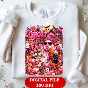 May include: A white crewneck sweatshirt featuring a colourful graphic print with the text GHOST GIRL ERA, PINK SPOOKY UNBOTHERED, and DIGITAL FILE 300 DPI. The design includes a ghost character wearing a leopard print hat, sunglasses, and a scarf.