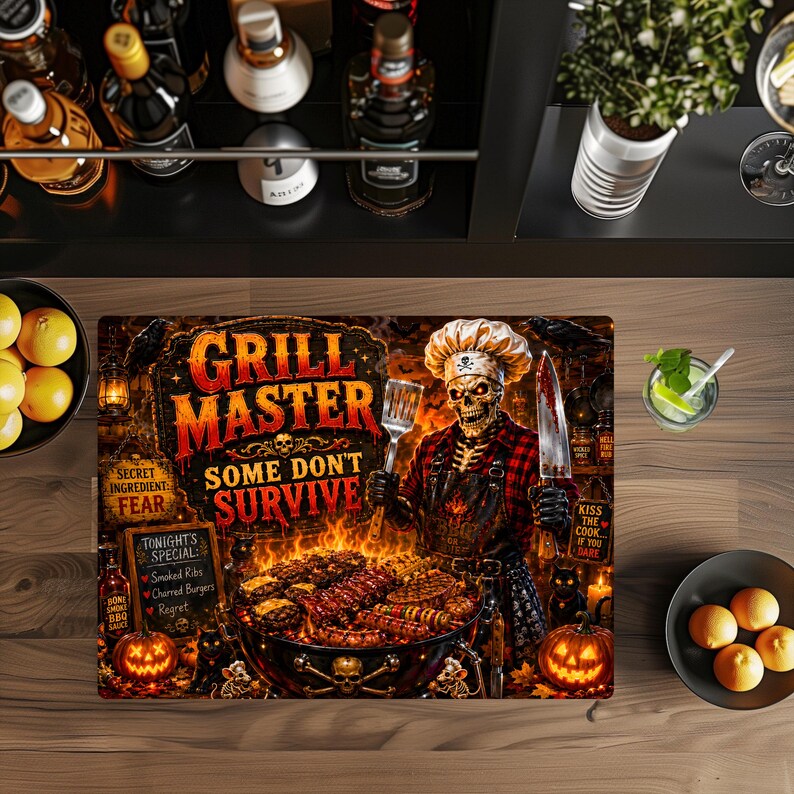 May include: A rectangular decorative sign featuring a skeleton chef in a toque and plaid shirt grilling food. The text reads Grill Master Some Don't Survive, Secret Ingredient Fear, and Tonight's Special Smoked Ribs, Charred Burgers, Regret.