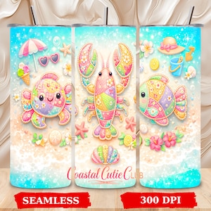 May include: A colorful tumbler featuring a patchwork lobster, fish, and beach-themed elements. The design includes a lobster, fish, seashells, and the text "Coastal Cutie Club". The tumbler has a seamless design and is 300 DPI.