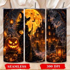 May include: A cylindrical tumbler featuring a seamless Halloween design with a witch, a glowing orange full moon, a haunted mansion, jack-o'-lanterns, skulls, and lanterns. The print includes the text SEAMLESS and 300 DPI at the bottom.