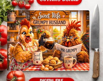 Divertido diseño de gallo y esposa dulce (descarga digital) Tabla de cortar rústica de granja para sublimación