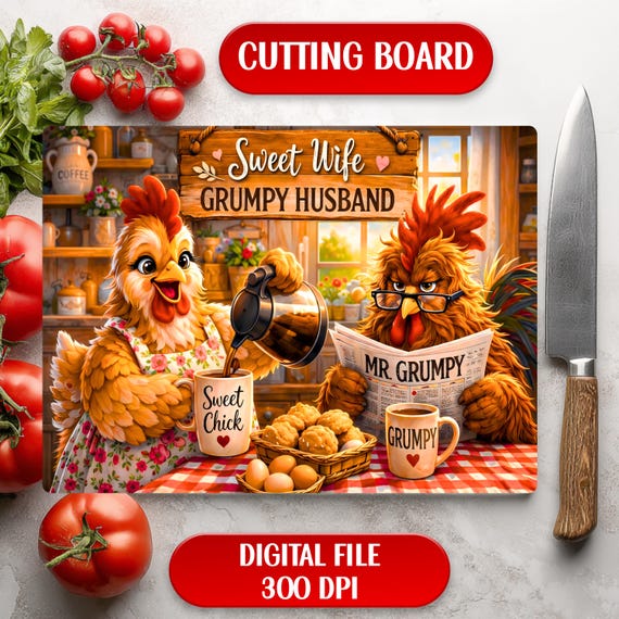 Funny Chicken Sweet Wife Rooster Design Grumpy (Digital Download) Rustic Farm Cutting Board Sublimation