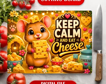 Tabla de cortar de cristal con diseño divertido de ratón "Keep Calm Eat Cheese" para sublimación (descarga digital)