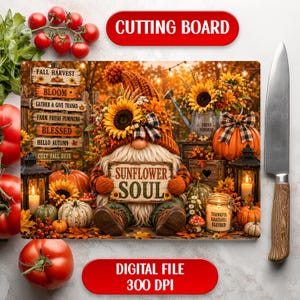 Tagliere in vetro con motivo girasole e gnomo autunnale, decorazione per la cucina, raccolto di zucche, stile rustico, Ringraziamento, design divertente a sublimazione