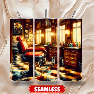 Puede incluir: Un vaso sin costuras con una escena de barbería. El diseño incluye una silla de barbero roja, retratos enmarcados y un suelo a cuadros. La palabra "SEAMLESS" se muestra en una pancarta roja en la parte inferior.