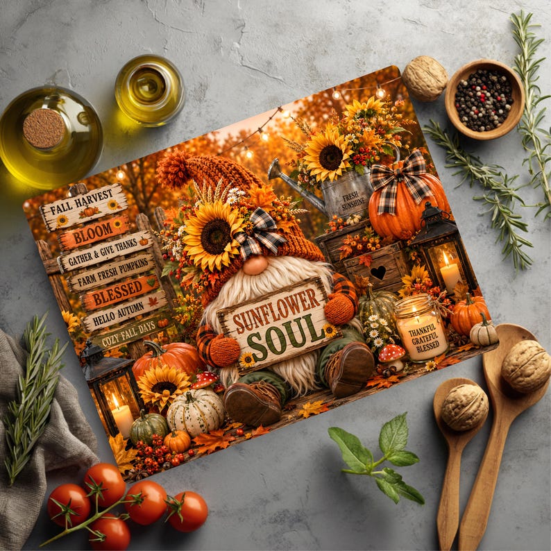 May include: A rectangular glass cutting board featuring a gnome wearing a sunflower hat, holding a sign that reads Sunflower Soul. The design includes fall harvest signs, pumpkins, sunflowers, lanterns, and candles in warm orange and brown tones.