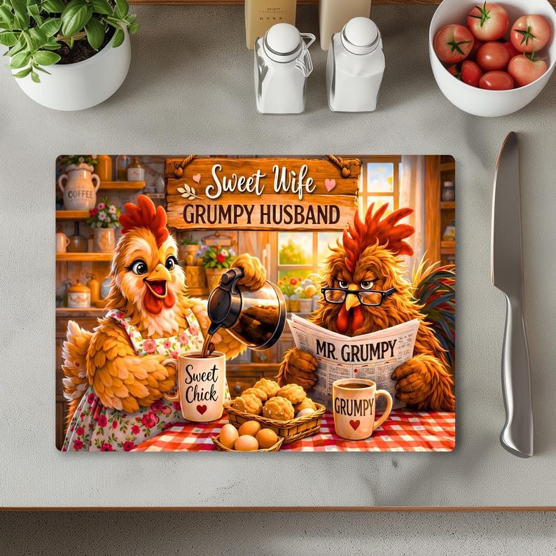 Peut inclure: Une planche &agrave; d&eacute;couper rectangulaire illustr&eacute;e de deux poulets dans une cuisine. Un poulet porte un tablier &agrave; fleurs et verse du caf&eacute; dans une tasse marqu&eacute;e Sweet Chick. L'autre porte des lunettes, lit un journal intitul&eacute; Mr. Grumpy et est assis pr&egrave;s d'une tasse marqu&eacute;e Grumpy. Le texte indique Sweet Wife Grumpy Husband.