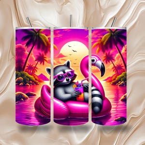 Summer Pool Raccoon 20 OZ Skinny Tumbler Wrap Design | Natychmiastowe pobranie | Beach Flamingo Float Tumbler | Letnie wibracje | Kolorowy tropikalny