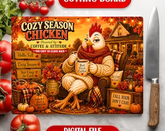 Tabla de cortar de vidrio con diseño de sublimación, rústica y acogedora con temática otoñal, con pollo divertido. Descarga digital.
