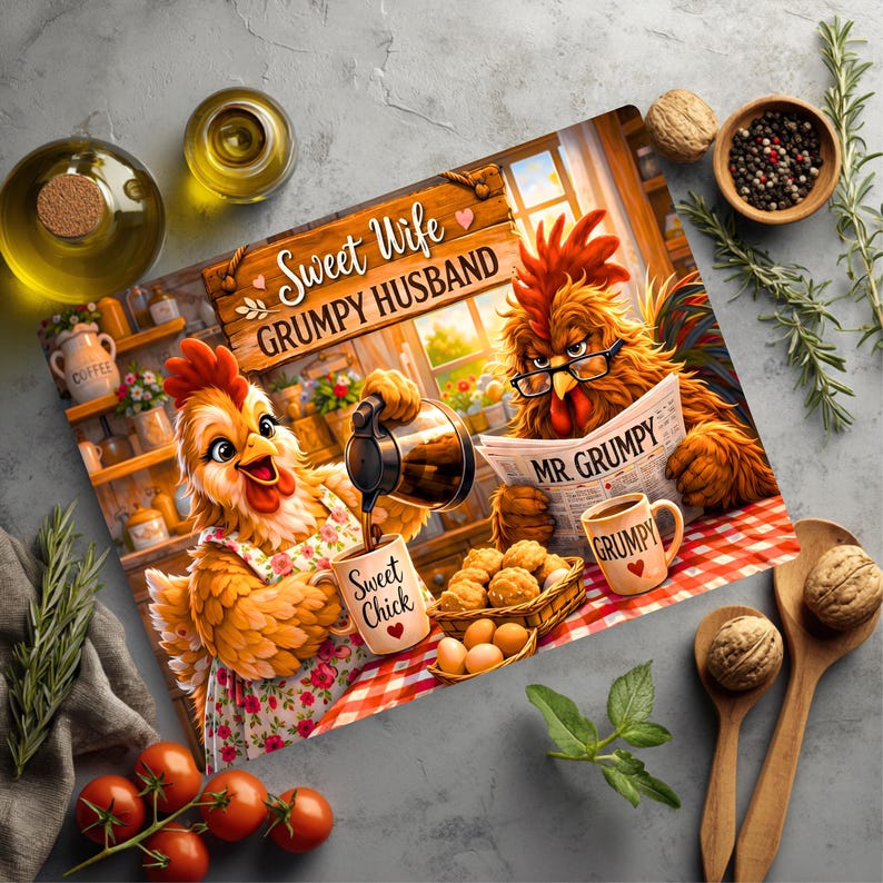 Peut inclure: Une planche &agrave; d&eacute;couper rectangulaire en verre illustr&eacute;e d'un dessin anim&eacute; repr&eacute;sentant une poule versant du caf&eacute; dans une tasse marqu&eacute;e Sweet Chick et un coq lisant un journal titr&eacute; Mr. Grumpy, avec un panier d'&oelig;ufs et une tasse Grumpy.