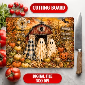 May include: A rectangular cutting board featuring a fall-themed illustration of three ghosts standing in front of a red barn. The scene includes pumpkins, a windmill, and a sign with the text PUMPKINS, HAY RIDES, and CORN MAZE. The board is 300 DPI.