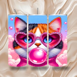 Cute Bubblegum Cat 20 OZ Skinny Tumbler Wrap Sublimation | Funny Cat Blowing Pink Bubble Gum | Instant Download| Seamless Straight Design