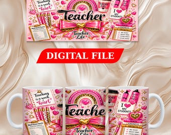 Taza rosa arcoíris de 11 y 15 oz con diseño de sublimación para agradecimiento a la labor docente (descarga digital).