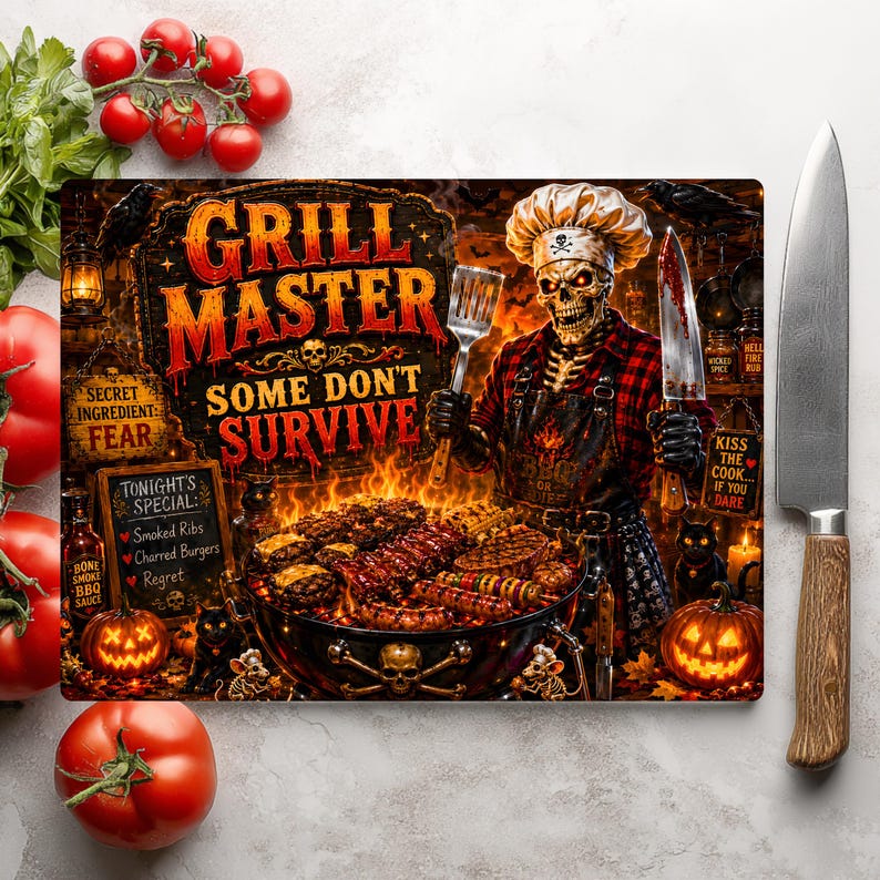 May include: A rectangular cutting board featuring a graphic of a skeleton chef grilling food with the text GRILL MASTER SOME DON'T SURVIVE, SECRET INGREDIENT FEAR, TONIGHT'S SPECIAL, and KISS THE COOK IF YOU DARE. A metal knife with a wooden handle is nearby.