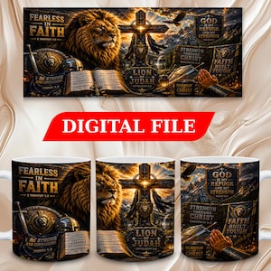 May include: White ceramic mug with a wraparound design featuring a lion, cross, and religious text. The mug has the words "Fearless in Faith" and "God is my refuge and my strength". The words "Digital File" are also visible.