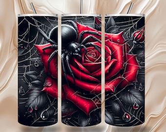 Dark Spider Roses Ghotic 20 OZ Skinny Tumbler Wrap Seamless & Straight Sublimation Design Digital Download Halloween Spooky Spider Web