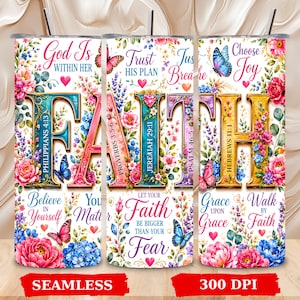 Faith Floral 20 OZ Seamless Tumbler Wrap Christian Scripture Sublimation Design Inspirational Bible Verse Religious Digital Download