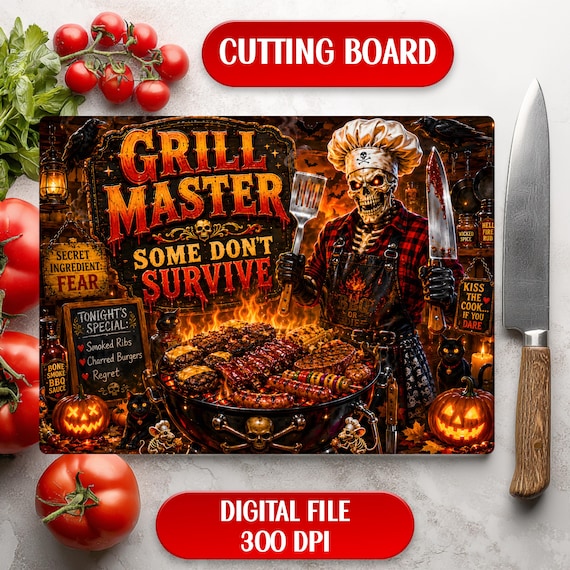Grill Master Some Don't Survive Cutting Board PNG Funny Halloween BBQ Skeleton Spooky Horror Kitchen Sublimation Design