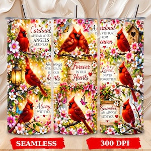 Diseño de sublimación para vaso térmico Spring Memorial Red Cardinal Grief Blossom Floral de 20 oz (descarga digital)