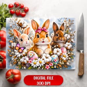 May include: A decorative cutting board featuring three adorable bunnies surrounded by flowers, butterflies, and Easter eggs. The bunnies have brown and white fur, and one wears a pink bow. The board has the text "DIGITAL FILE 300 DPI" on a red banner.