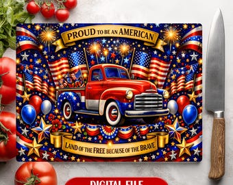 Camión de fuegos artificiales con la bandera de Estados Unidos, diseño patriótico de EE. UU., tabla de cortar de vidrio orgullosamente estadounidense, diseño de sublimación, descarga digital.