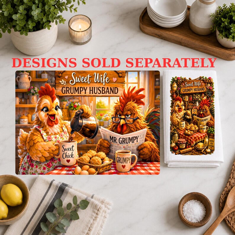 Peut inclure: Un torchon de cuisine rectangulaire illustr&eacute; de deux poulets, l'un versant du caf&eacute; dans une tasse marqu&eacute;e Sweet Chick et l'autre lisant un journal intitul&eacute; Mr. Grumpy, avec le texte Sweet Wife Grumpy Husband inscrit au-dessus.