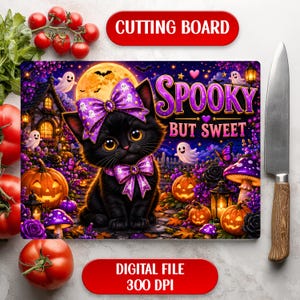 Spooky But Sweet Black Cat Cutting Board PNG Cute Halloween Purple Pumpkin Patch Fall Sublimation Design Digital Download