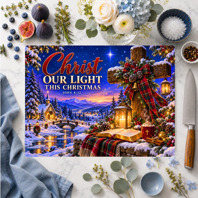 Scene Cutter Clacking Christian Christmas Cutting Board PNG Christ Our Light John 8:12 Bible ...