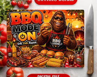 Tabla de cortar de vidrio con diseño divertido de parrilla Bigfoot para barbacoa (descarga digital)