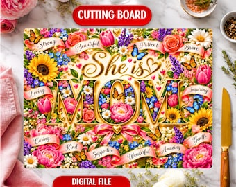 Elle est maman - Motif floral pour la fête des mères - Meilleures citations - Planche à découper en verre - Téléchargement numérique par sublimation - Design floral - Fête des mères