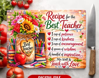 La mejor receta para maestros: tarro floral, tabla de cortar de vidrio para cocina, diseño de sublimación, descarga digital.