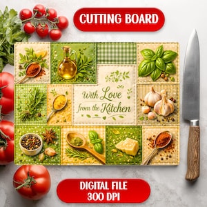 Kök Kärlek Patchwork Kryddor Örter Glas Skärbräda Sublimeringsdesign Digital Nedladdning