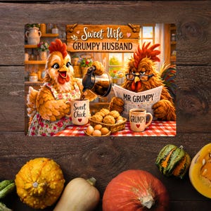 Peut inclure: Une plaque m&eacute;tallique rectangulaire illustrant une poule versant du caf&eacute; dans une tasse marqu&eacute;e Sweet Chick et un coq &agrave; lunettes lisant un journal intitul&eacute; MR. GRUMPY avec une tasse GRUMPY, et le texte Sweet Wife GRUMPY HUSBAND.
