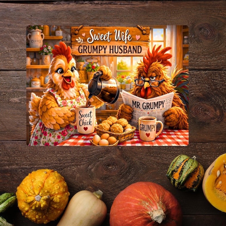 Peut inclure: Une plaque m&eacute;tallique rectangulaire illustrant une poule versant du caf&eacute; dans une tasse marqu&eacute;e Sweet Chick et un coq &agrave; lunettes lisant un journal intitul&eacute; MR. GRUMPY avec une tasse GRUMPY, et le texte Sweet Wife GRUMPY HUSBAND.