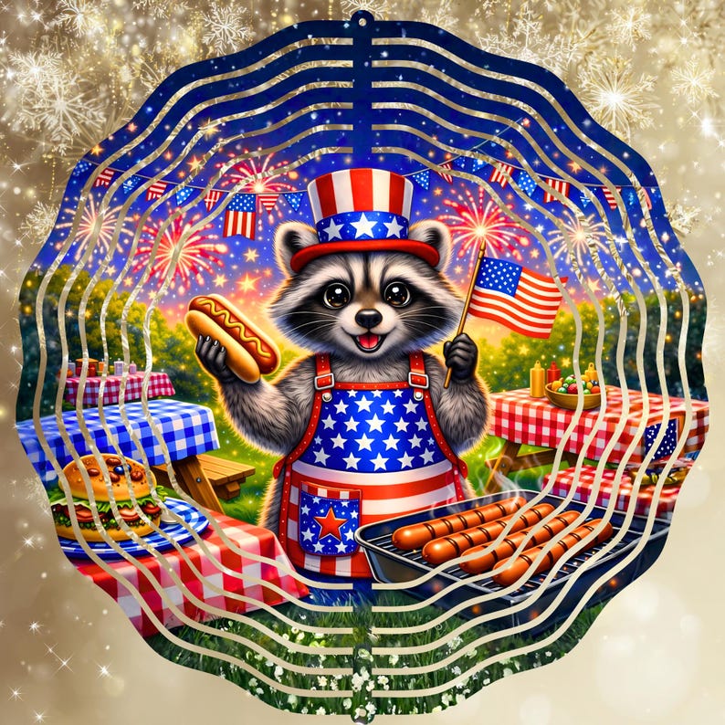 Mapache patriótico estadounidense, barbacoa, fuegos artificiales, EE. UU., molinillo de viento de 12 pulgadas, diseño de sublimación, descarga digital. imagen 8