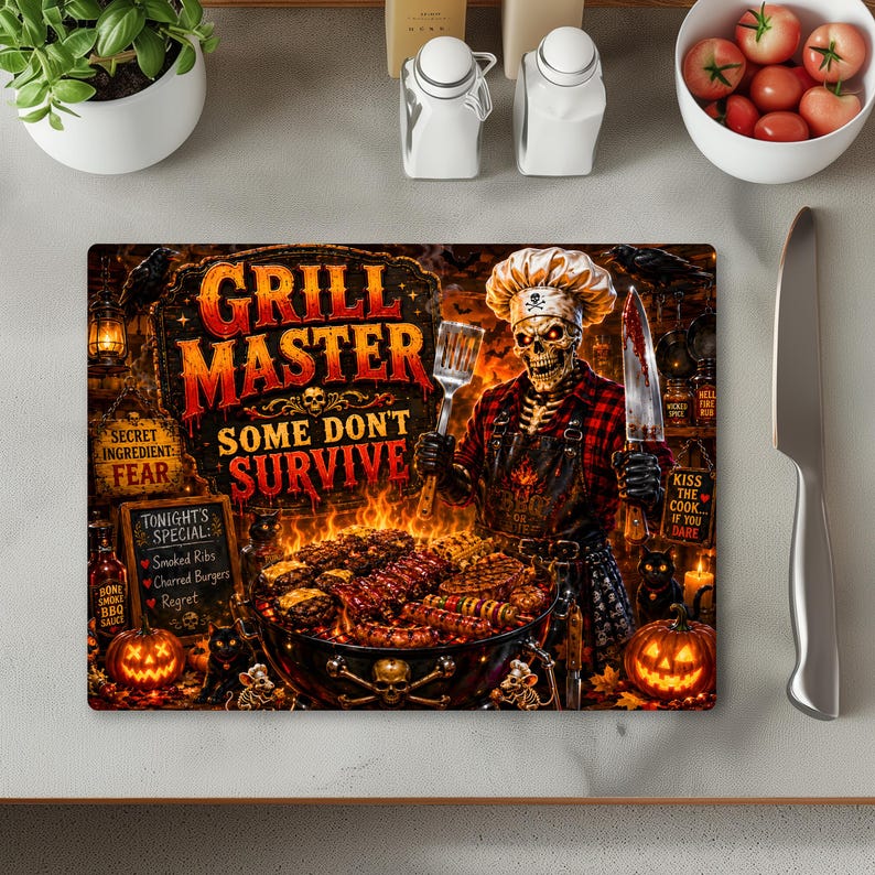 May include: A rectangular cutting board featuring a graphic of a skeleton chef wearing a toque and apron, grilling food. The text reads Grill Master Some Don't Survive, Secret Ingredient Fear, and Tonight's Special Smoked Ribs, Charred Burgers, Regret.