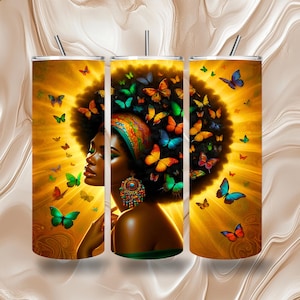 Black Women 20 OZ Skinny Tumbler Wrap| Seamless & Straight Sublimation| Instant Download|Beautiful Butterfly Hair Afro American Lady Vibrant