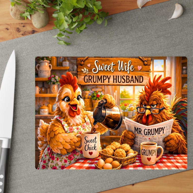 Peut inclure: Une planche &agrave; d&eacute;couper rectangulaire illustr&eacute;e de deux poulets dans une cuisine. L'un porte un tablier &agrave; fleurs et verse du caf&eacute; dans une tasse marqu&eacute;e Sweet Chick. L'autre porte des lunettes et lit un journal intitul&eacute; MR. GRUMPY.