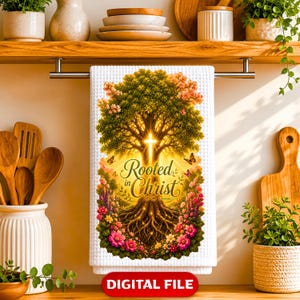 Può includere: Un canovaccio da cucina bianco a nido d'ape con una grafica centrale di un grande albero con radici e rami luminosi, una croce brillante, farfalle e fiori colorati. Il testo recita Rooted in Christ Colossians 2:7. Un'etichetta rossa per file digitale.