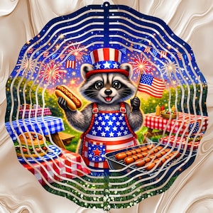 Mapache patriótico estadounidense, barbacoa, fuegos artificiales, EE. UU., molinillo de viento de 12 pulgadas, diseño de sublimación, descarga digital. imagen 1