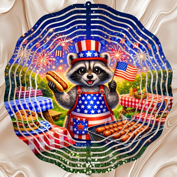 America Patriotic Raccoon 4th July BBQ Fireworks USA 12'' Wind Spinner Sublimation Design Digital Download