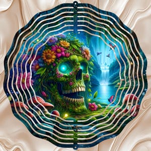 Tropical Floral Waterfall Nature Green Skull 12' Wind Spinner Sublimation Design Digital Download