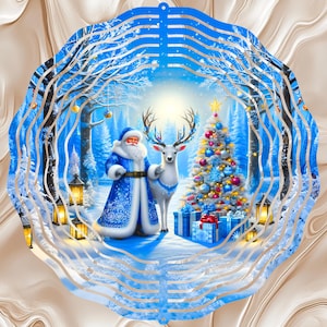 May include: A circular metal wind spinner featuring a vibrant winter scene with a blue-clad Santa Claus, a white reindeer, and a decorated Christmas tree. The design includes glowing lanterns, wrapped gifts, and a snowy forest background.