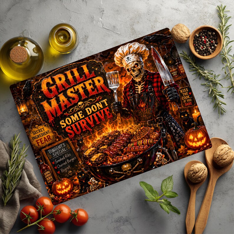 May include: A rectangular glass cutting board featuring a graphic of a skeleton chef in a red plaid shirt and apron grilling food. The text reads Grill Master Some Don't Survive, Secret Ingredient Fear, and Tonight's Special Smoked Ribs, Charred Burgers, Regret.