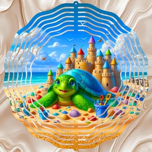 May include: A whimsical illustration of a smiling green sea turtle on a sandy beach, with a colorful sandcastle in the background. The scene is framed by a decorative, layered border with a blue sky and ocean view.
