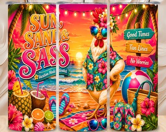 Diseño digital para sublimación: Envoltura para vaso térmico sin costuras de 20 oz, diseño divertido y sarcástico de pollo, ideal para la playa y la arena. Descarga digital.