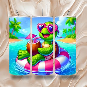 Letni Żółw 20 OZ Skinny Tumbler Wrap Sublimacja Natychmiastowe Pobieranie Pool Vibes Bezszwowe Proste PNG Wrap Uroczy Pływający Żółw Plażowy