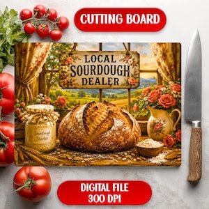May include: A rectangular glass cutting board featuring a printed scene of a sourdough loaf, a jar labeled Sourdough Starter, and a floral pitcher. The board displays the text LOCAL SOURDOUGH DEALER. A metal knife with a wooden handle sits beside it.