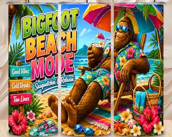 Diseño divertido de Bigfoot en modo playa para vaso de 20 oz sin costuras, descarga digital mediante sublimación.